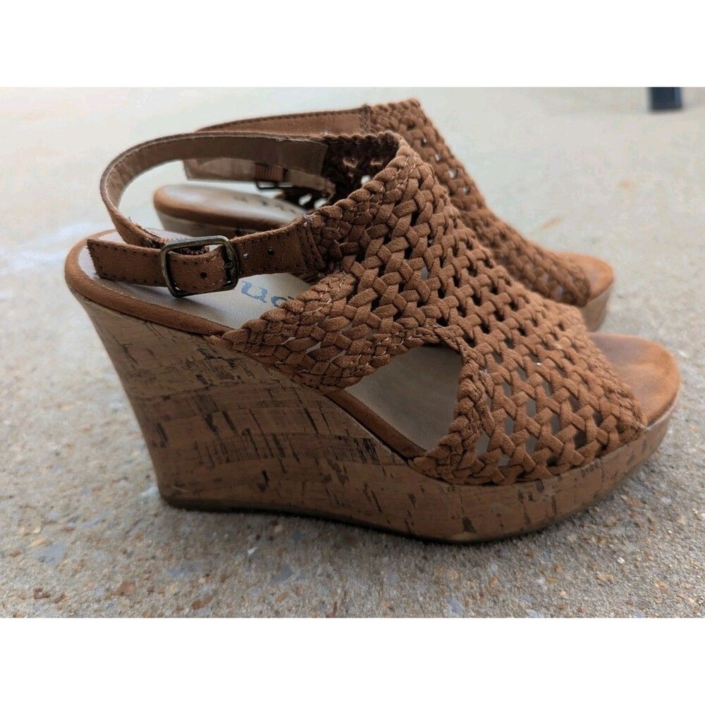 Mudd Cork Wedge Crochet Sandals Slingback Peep Toe Platform Heels Brown Ankle 6
